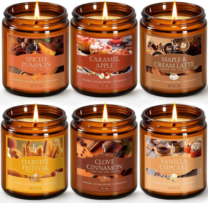 Fall Candles Set, 6 Pack Candles for Home Scented Natural Soy Wax, Autumn Gifts Set for Women Men, Fall Fragrance of Pumpkin/Cinnamon/Vanilla Cupcake/Apple/Harvest/Latte1