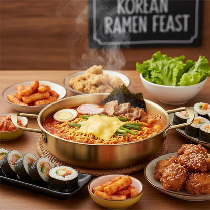 Set of 3 Korean Ramen Noodle Pot with Handles, Stainless Steel Everyday Pan, Golden Korean Cooking Pot for Soup, Noodle, Pasta, Home and Outdoor, Dishwasher Safe, Size 7", 8.7", 9.5"8