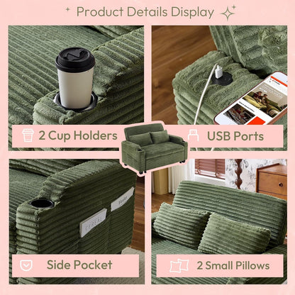 Green Futon Sofa Bed Convertible Loveseat Sleeper Sofa Couch, Corduroy Pullout Sofa Fold Out Couch Bed with USB Ports, Cup Holders, Armrest for Living Room, Bedroom Apartment Room7