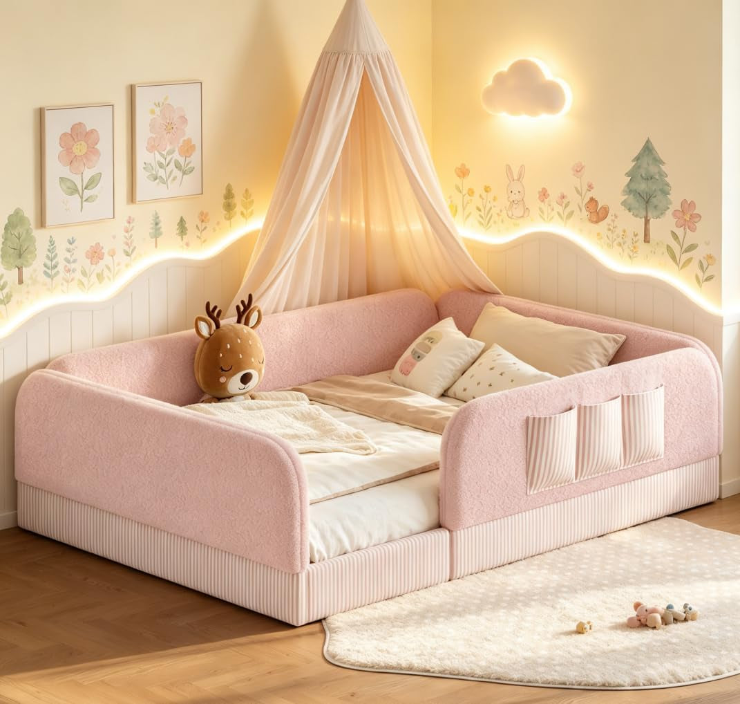 queen-upholstered-floor-bed-with-slats-and-guardrail-side-storage-pocket-teddy-pink