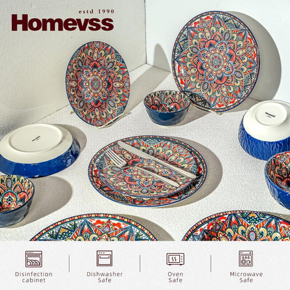 Homevss 20 Pieces Dinnerware Sets, Plates and Bowls Set, Porcelain Dishes Set for 4, Microwave and Dishwasher Safe, Scratch Resistant, Bohemian Style Dining Ware3