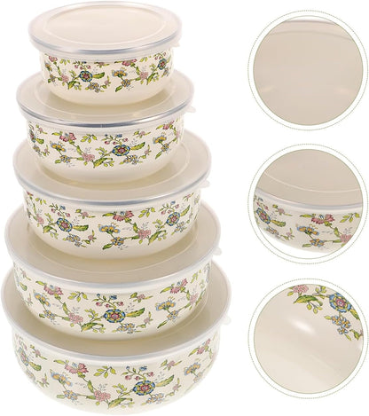 Enamel Nesting Bowls with Lids 5-Piece Mixing Bowls Set for Food Storage Salad Fruit Soup and Serving Multi Size Enamel Bowl Container for Everyday Kitchen Use 4.05 X 4.05 X 1.96 In5