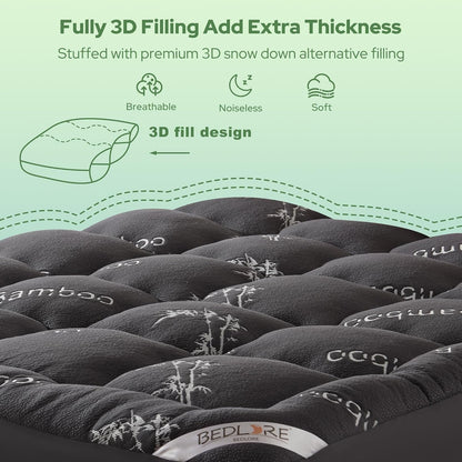 Queen Mattress Topper Viscose Bamboo, Thick Pillow Top Mattress Pad | Stretchable Pockets Fit 6”-18” Mattress, Soft Breathable Mattress Topper for Back Pain Relief and Hot Sleepers(Dark Gray)5
