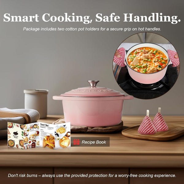 Enameled Cast Iron Dutch Oven - 4.5QT Pot with Lid Cookbook & Cotton Potholders - Heavy-Duty Cookware for Braising, Stews, Roasting, Sourdough Baking Pink6