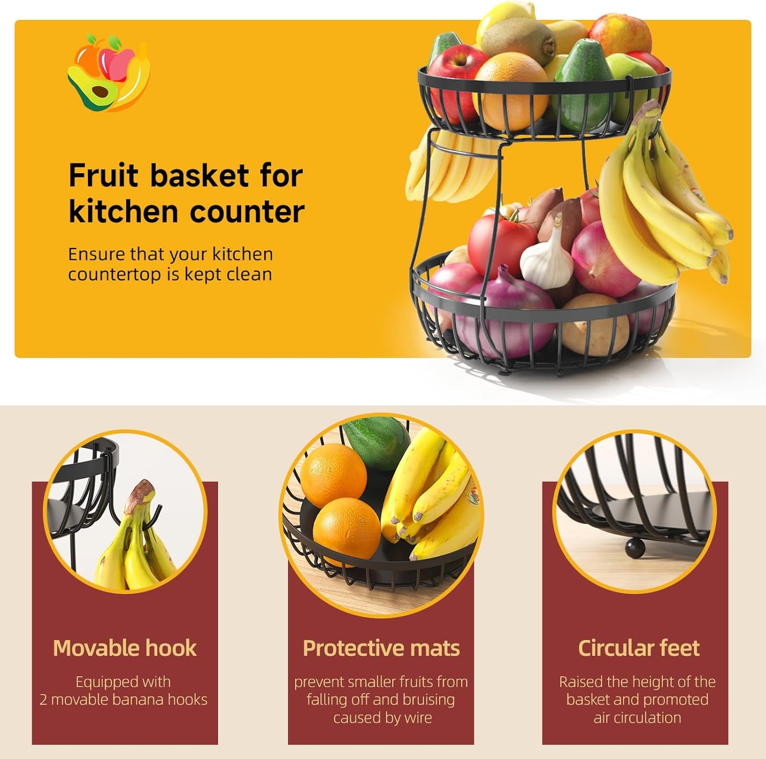 2-tier-large-fruit-bowl-for-kitchen-counter-with-2-banana-hangers-sturdy-metal-basket-for-fruit-bread-onions-modern-wire-fits-various-styles-includes-food-safe-mats-to-keep-produce-fresh