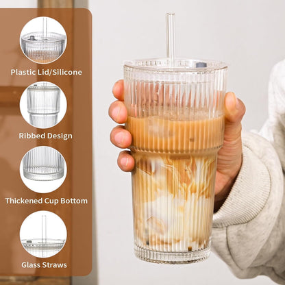 20Oz Ribbed Glass Cups with Lids and Straws,1Pcs Glass Tumbler with Straw and Lid,Iced Coffee Cups Drinking Glasses for Juice Whiskey Cocktail Beer6