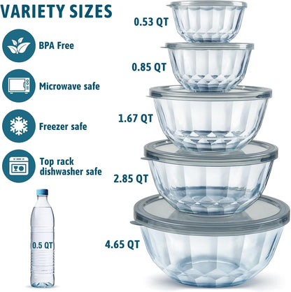 Glass Mixing Bowls with Airtight Lids, 5 PCS Thick Glass Nesting Bowls | Serving Bowl for Kitchen Baking, Meal Prepping and Salad, Bpa Free Dishwasher Microwave and Oven Safe, 0.5/0.8/1.6/2.7/4.4 Q3