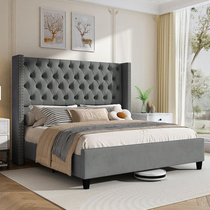 Queen Size Bed Frame Velvet Upholstered Platform Bed with 51.6" Tall Wingback Headboard Deep Button Tufted, No Box Spring Needed, Light Grey9