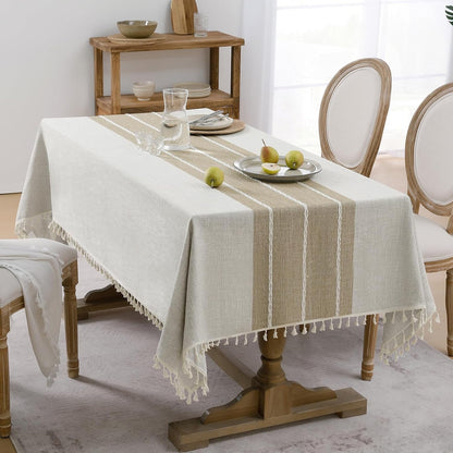 Outdoor Linen Tablecloth Square, Waterproof Cotton Boho Farmhouse Table Cloths with Tassel, Heavy Weight Wrinkle Free Table Cover for Picnic Camping Dining - 55 X 55 Inch, Coffee Lines7