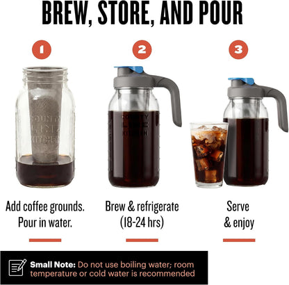 64Oz Cold Brew Coffee Maker with Leak Proof Lid - Gray | Glass Cold Brew Coffee Maker - Wide Mouth Mason Jar, Stainless Steel Filter & Leak-Proof Lid (64 Oz)4