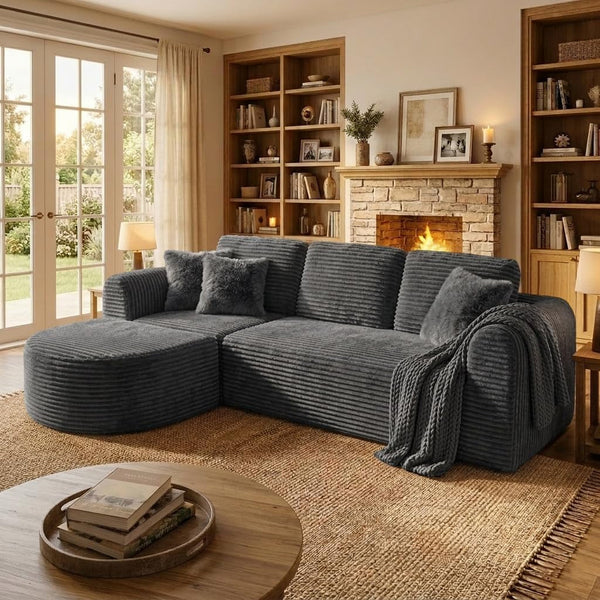 108” Modular Sectional Sofa, Boneless Couches for Living Room, Deep Seat L-Shape Cloud Couch with Chaise, Comfy Sofa Freely Change Configurations No Assembly Required, Soft Plush Corduroy Fabric(Grey)1