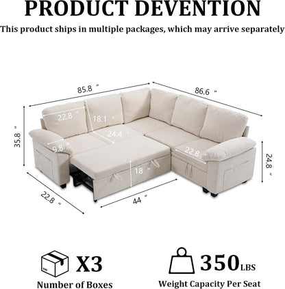 85 Inch Modular Sectional Sleeper Sofa with Pull Out Bed,L Shaped 5 Seat Sectional Couch with Storage, Modern Chenille Cloud Couch, Convertible Sectional Couches for Living Room, Apartment, Beige2