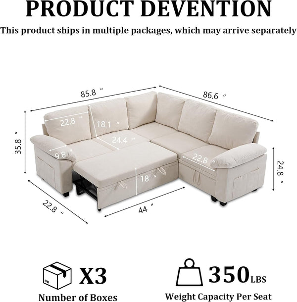 85 Inch Modular Sectional Sleeper Sofa with Pull Out Bed,L Shaped 5 Seat Sectional Couch with Storage, Modern Chenille Cloud Couch, Convertible Sectional Couches for Living Room, Apartment, Beige2