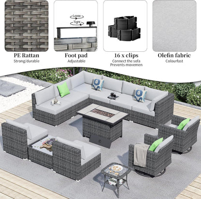 13 Piece Patio Sectional Furniture Set with Fire Pit Table,Modern Wicker Outdoor Conversation Sofa Sets,All Weather Modular L Shaped outside Couch Swivel Chair Set(Light Grey)9