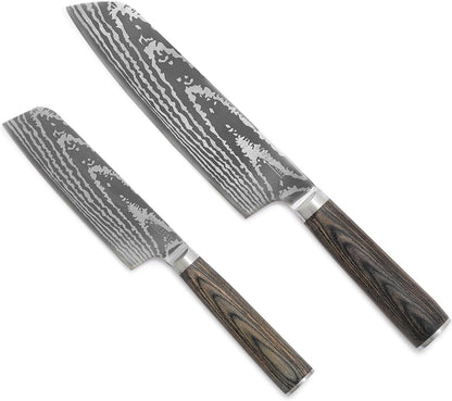 X Bobby Flay 5” & 7” Santoku Knife Set, Premium Stainless Steel Blades, Precision Cutting Kitchen Tools, Ultra-Sharp Cutlery, Hand Finished Ergonomic Wood Handle, Damascus Steel Design1