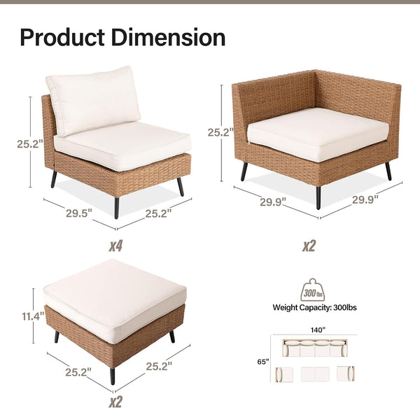 Outdoor Patio Furniture, 8 Piece Outdoor Sectional Sofa PE Rattan Wicker Patio Conversation Sets,All Weather Patio Furniture Set with Thick Cushions for Garden, Poolside, Backyard(Beige)7
