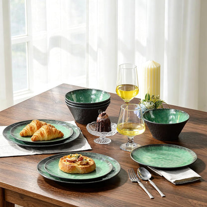 Melamine Dinnerware Sets for 4, 12 Pcs Plates and Bowls Set, Green8
