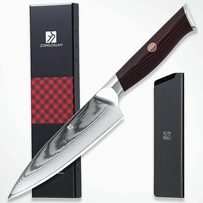 5.5-Inch Damascus Utility Knife, 67-Layer High Carbon Stainless Steel Kitchen Knife with Ergonomic Red Black G10 Handle, Protective Sheath & Gift Box for Paring, Slicing and Everyday Cooking1