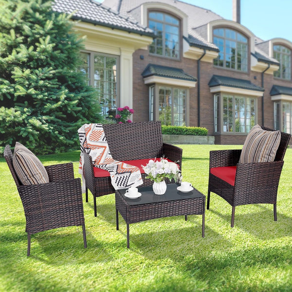 Patio Furniture Set 4 Pieces, Outdoor Rattan Furniture with Tempered Glass Coffee Table, Modern Rattan Patio Chairs Conversation Sets with Sofa for Garden, Terrace, Porch, Lawns Brown/Red3