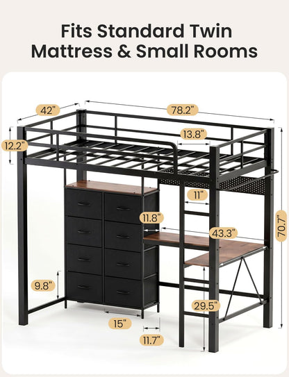 Twin Size Metal Loft Bed with L-Shaped Desk and 8 Storage Drawers,Black2