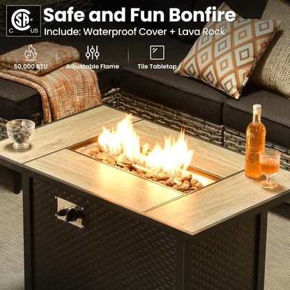 8-Piece Patio Furniture Set with L-Shaped Sofa Chaise, Outdoor Modular Sectional Couch Swivel Gliders Fire Pit Table, Modern Wicker Rattan Conversation Set, Black3