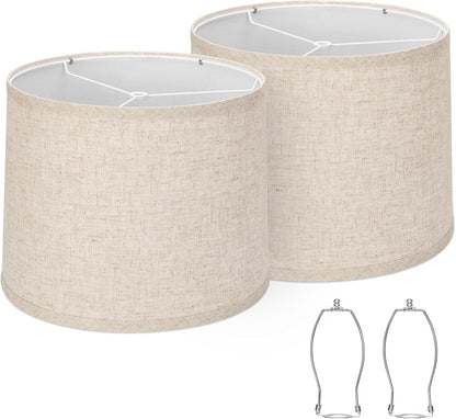Lampshades Set of 2, Drum Lampshades 11.6" Top X 12.6" Bottom X 9.8" High,  Medium Lampshades (Spider Fitter), Beige Lampshades Natural Linen Hand Crafted, Easy Assembly Required1