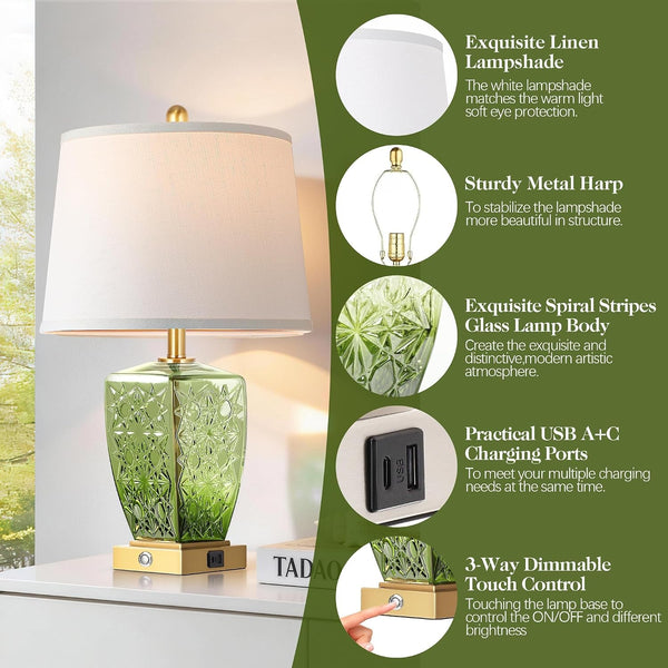23" Glass Table Lamps Set of 2, Bedside Lamp for Bedroom, Green3