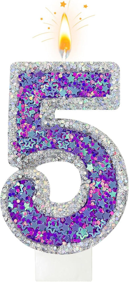 K-Pop Number 5 Birthday Candle, Star Glitter Filled Number Candle, Purple Silver Fantasy Cake Topper for Birthday Party Decoration1