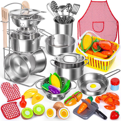 Kids Pretend Play Kitchen Toys Accessories Set, 32Pcs Stainless Steel | Toy Pots and Pans Sets W/ Rack Organizer, Metal Cooking Utensils & Apron, Play Food W/ Basket for Kids Girls Boys Toddlers 3+1