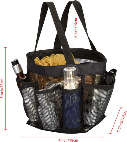 Mesh Shower Caddy Tote Bag 8 Pockets, Hanging Portable Toiletry Bag for Men and Women, College Dorm Essentials Quick Dry Bath Organizer for College Dorms, Gym, Camp (Black)3