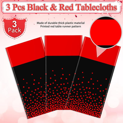 3Pcs Black and Red Tablecloth Party Decorations,Plastic Black Table Cloth Printed Red Table Runner Disposable Rectangle Cover for Birthday Weeding Anniversary Graduation Party,54 X108 Inch4