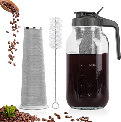 Cold Brew Coffee Maker, 64 Oz Mason Jar Pitcher with Stainless Steel Filter, Pour Spout Handle Lid, Airtight & Leak-Proof for Iced Coffee,Tea & Lemonade1