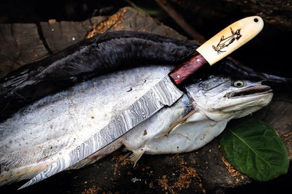 Damascus Fillet Knife - 13" Total Length, 8" Blade, 5" Camel Bone Handle with Engraved Fish Design, Includes Leather Sheath - Handcrafted Precision Knife for Fishing & Culinary Use8