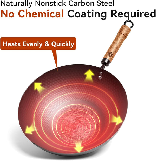 Carbon Steel Wok Pan with Lid, 12.6" Hammered Stir Fry Pan, Thickened Heavy Duty Flat Bottom Wok for Electric, Induction & Gas Stoves, Detachable Wood Handle, No Chemical Coating (Black)3