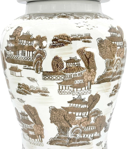 Large 25" Brown & White Classic Landscape Chinoiserie Ceramic Temple Jar W/Lid - Ginger Jar Home & Kitchen Decor for Interior Design - 25-Inch4