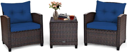 3 Pieces Patio Furniture Set, PE Rattan Wicker 3 Pcs Outdoor Sofa Set W/Washable Cushion and Tempered Glass Tabletop, Conversation Furniture for Garden Poolside Balcony (Blue)1