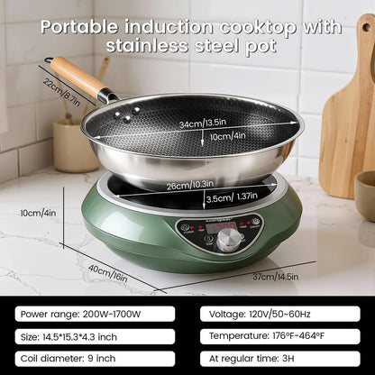 1700W 120V Concave Induction Wok Cooktop, Electric Wok Burner | Non-Pulse Heating with 9.25-Inch Coil Supports Round-Bottom Woks and Flat-Bottom Pans for Stir Fry, Soup, Noodles, Hot Pot.9