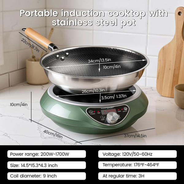 1700W 120V Concave Induction Wok Cooktop, Electric Wok Burner | Non-Pulse Heating with 9.25-Inch Coil Supports Round-Bottom Woks and Flat-Bottom Pans for Stir Fry, Soup, Noodles, Hot Pot.9