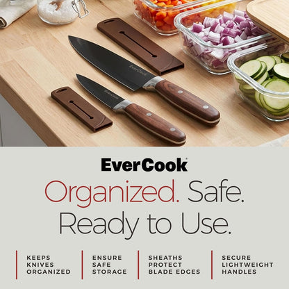 4-Piece Kitchen Knife Set - 6" Chef, 3.5" Paring & 2 Sheaths | Black-Coated Stainless Steel Cutlery, Brown Wood-Pattern Handles, Hollow-Ground Blades, Soft TPR Grip, Comfortable Control4