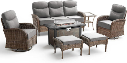 Luxury Patio Furniture Set with 42.5" Fire Pit Table, 6-Inch Thick Cushions Wicker Outdoor Furniture with Wicker Swivel Patio Chairs Set of 2, Patio Conversation Set for Deck Garden Porch, Gray9