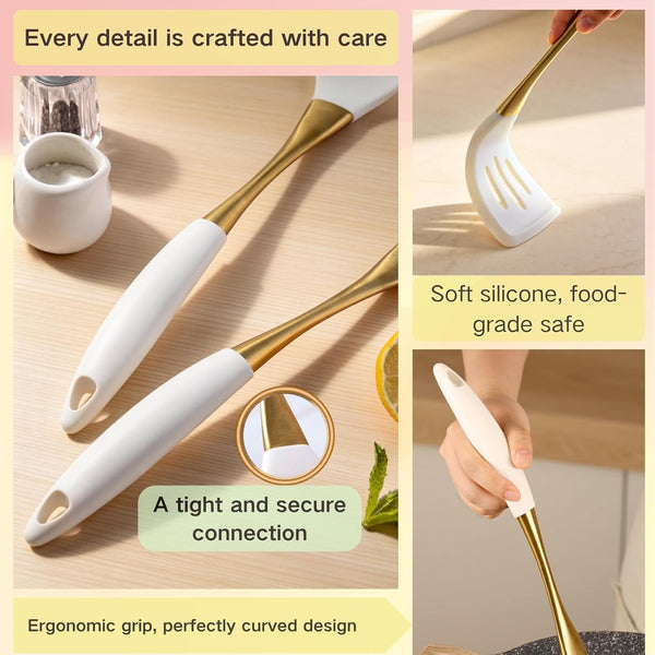 Elegant White Gold Silicone Cooking Utensils Set - Non-Toxic, Dishwasher Safe Kitchen Utensils Set with Heat Resistant Comfort Handles - Includes Spatula & Spoon for Nonstick Cookware6