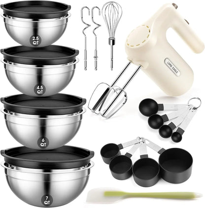 5-Speed Hand Mixer Electric with 4 Mixing Bowls Set | 300W Lightweight Kitchen Handheld Mixer with Measuring Cups & Spoons, Stainless Steel Bowls, Baking Supplies for Cake, Cream1