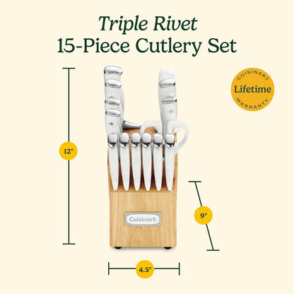 15-Piece Knife Set with Block, High Carbon Stainless Steel, Forged Triple Rivet, White, C77WTR-15P6