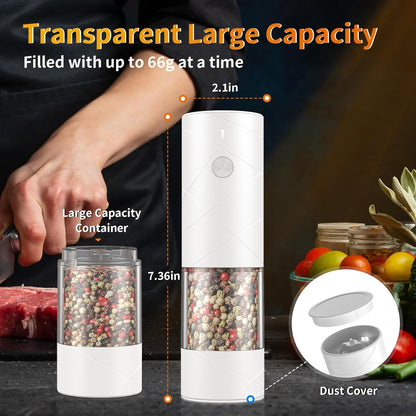 2Pack Electric Salt and Pepper Grinder Set USB Rechargeable with Warm LED Light, Adjustable Coarseness  Large Capacity Automatic Salt Pepper Mill Grinder for Kitchen, Restaurant, Outdoor, White5