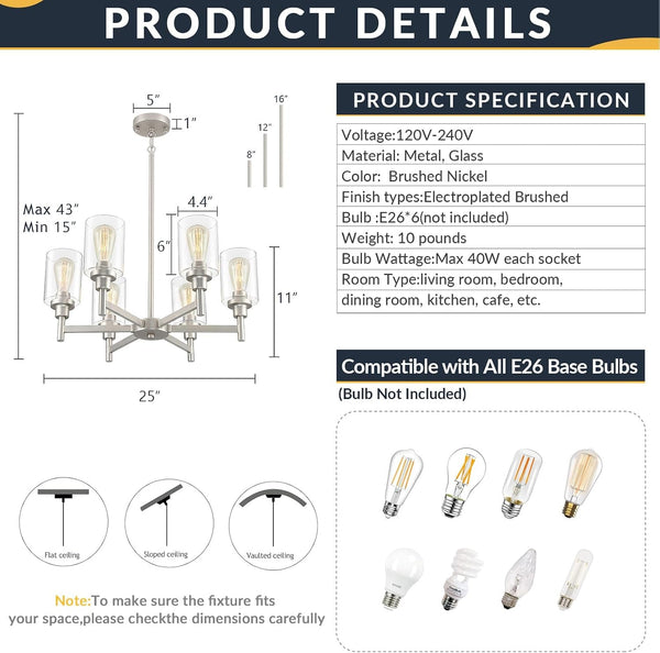 6-Light Brushed Nickel Chandeliers for Dining Room Light Fixture5