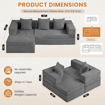 79" Modular Sectional Sofa, Boneless Convertible Sleeper Sofa Bed, Modern Tri-Folding Cloud Couch with L-Shape Chaise, Corduroy Futon for Living Room Small Spaces Apartment, No Assembly,Grey2