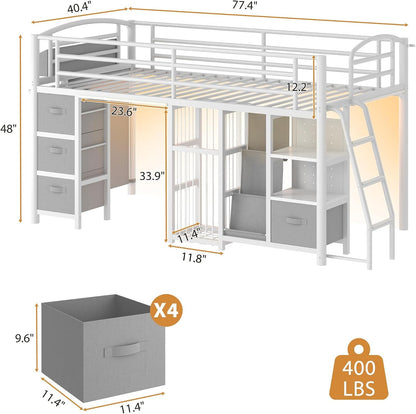 Twin Low Loft Bed, Kids Loft Bed, Storage Drawers, LED Lights, White Gray2