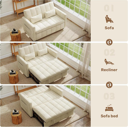 Sleeper Sofa Bed,3-In-1 Convertible Pull Out Couch with Adjustable Backrest for Living Room,Loveseat Sofa Bed with Side Pockets,Easy Assembly,Beige,1 PCS4