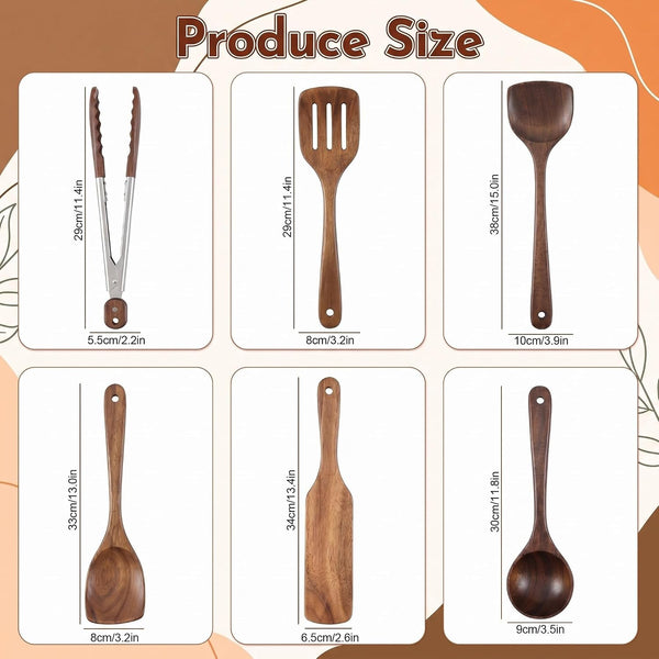 6 Pcs Walnut Wooden Kitchen Utensil Cooking Utensils Set Tong Spatula Spoon3