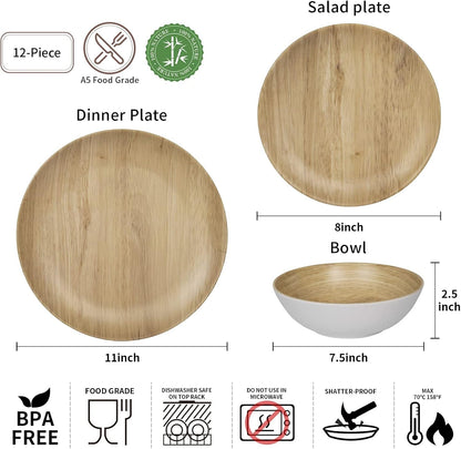 Melamine Dinnerware Set - 12Pcs Dinnerware Set Indoor and Outdoor Use, Bamboo Pattern Dishes Dinnerware Set for 4,Dishwasher Safe (Wood Grain)2